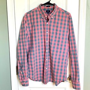 J.CREW LONG SLEEVE RED GREY PLAID WORN IN OXFORD SHIRT